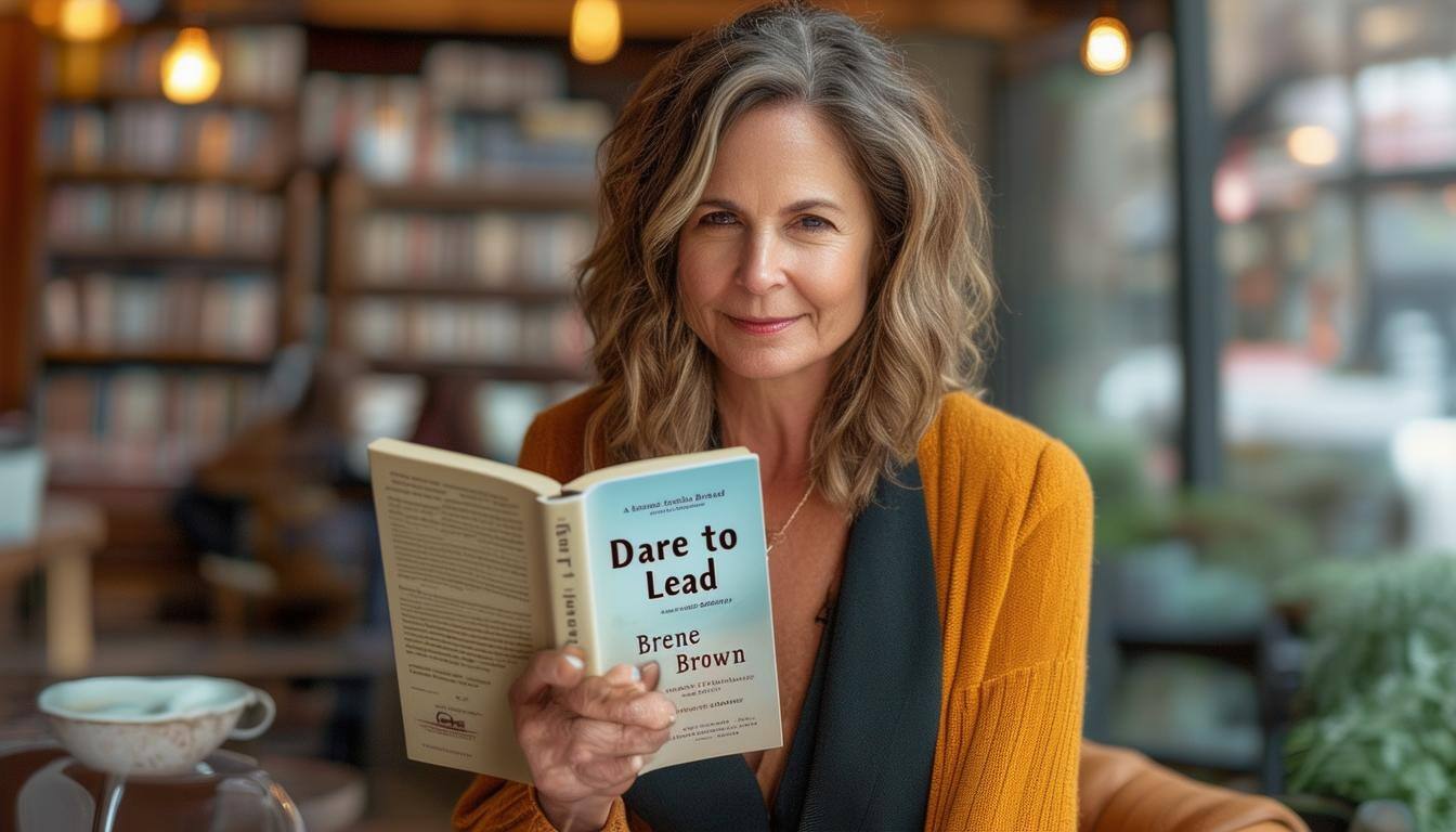 A business woman reading Brene' Brown's Dare to Lead book.