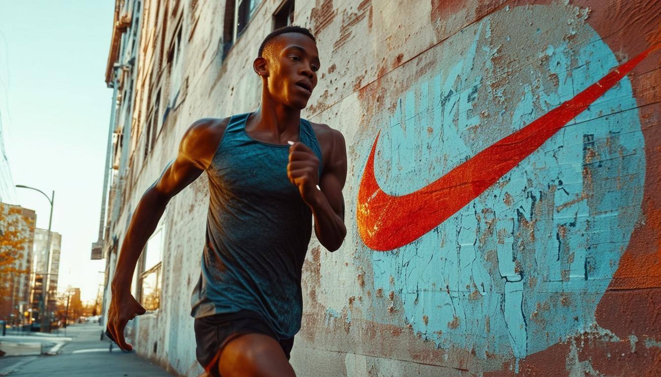 A runner, who is strong and weathered, with a nike symbol behind him