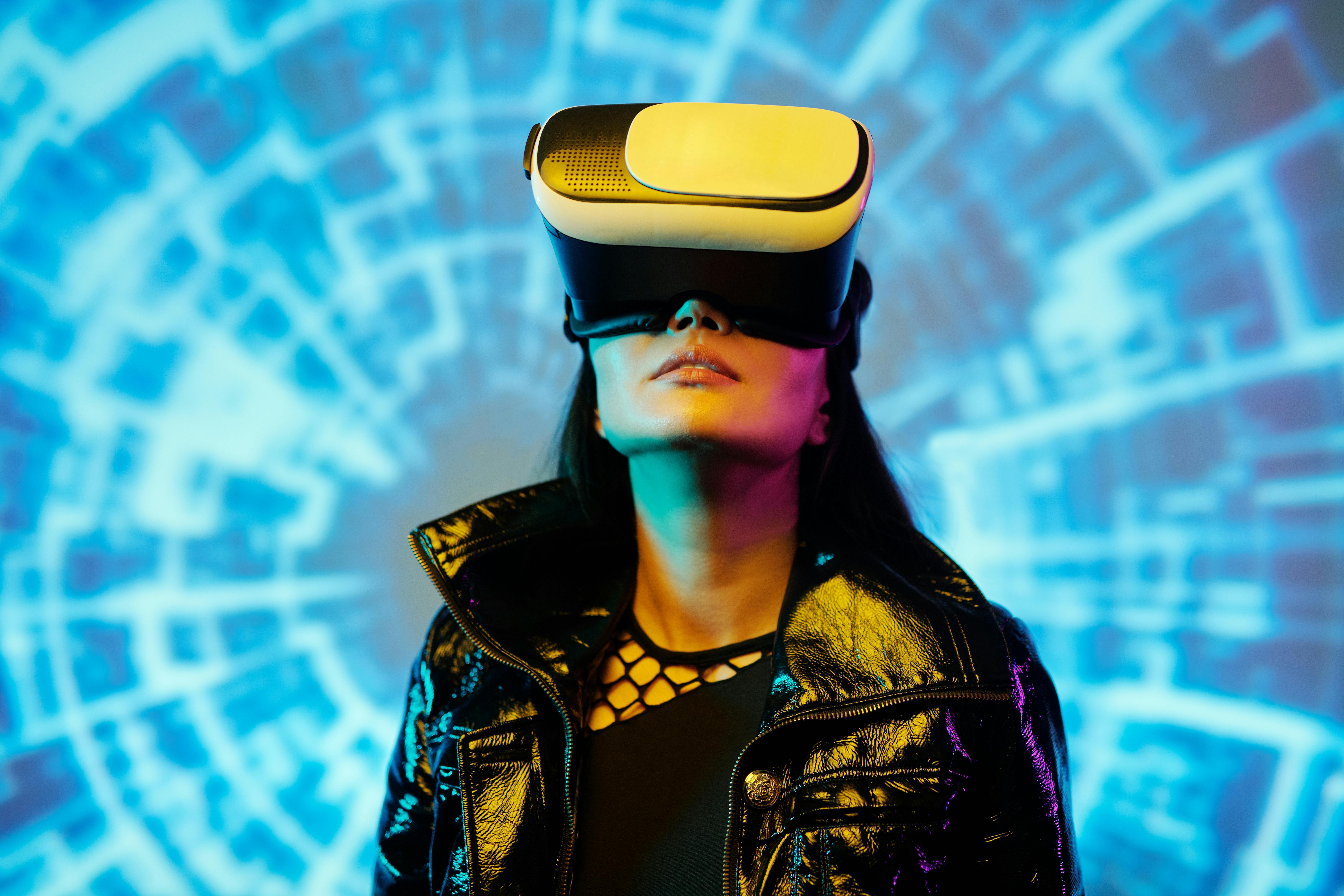 Stylish woman wearing VR goggles, looking ahead with a bright background, symbolizing innovation, forward-thinking, and the future of problem-solving.